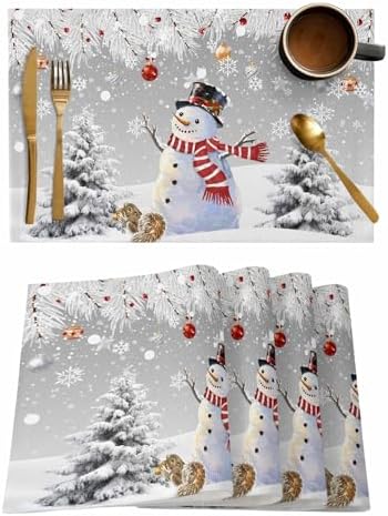 Snowman Placemats Set of 4, Grey Merry Christmas Tree Red Balls Squirrel Heat Resistant Washable Table Place Mats Winter Cotton Table Linens Party Holiday Decor for Kitchen Dining Outdoor Indoor