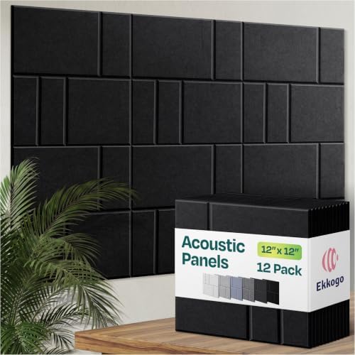 Acoustic Panels 12-Pack Soundproof Wall Panels 12"x12"x0.4" Decorative Sound Dampening for Your Home, Office, Studio, Bedroom & More with Unique GridFrame Carving [Deep Black]