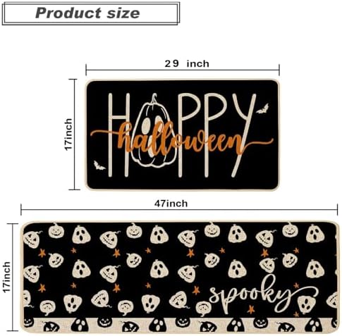 Baccessor Happy Halloween Kitchen Mats Set of 2, Spooky Pumpkins Bats Black Kitchen Rugs for Floor Low-Profile Farmhouse Fall Halloween Party Home Decor 17x29 and 17x47 Inch