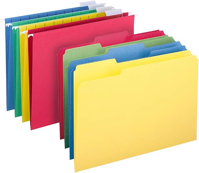 Smead Hanging File Folder Kit, Letter Size, Set of 24 Hanging File Folders and 24 Top Tab File Folders, Assorted Colors (Red, Yellow, Blue, Green)