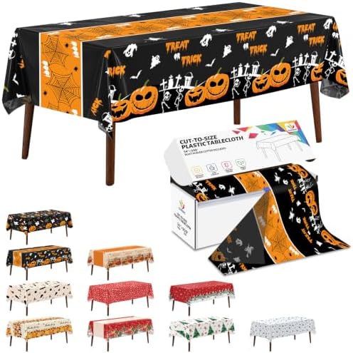 54 Inch X 300 Feet Plastic Table Cover Roll Disposable Halloween Tablecloth with Slide Cutter Pumpkin Ghost Plistic Table Covers for Halloween Party Decorations(Halloween Table Runner, 300Feet)