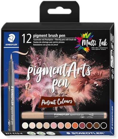 STAEDTLER Pigment Arts Brush Pen: 12 Count, Portrait Colors, Fiber-Tip Pens With Brush Nib, Permanent, Waterproof, No Bleed Pens for Journaling, Coloring, Hand Lettering, Mixed Media