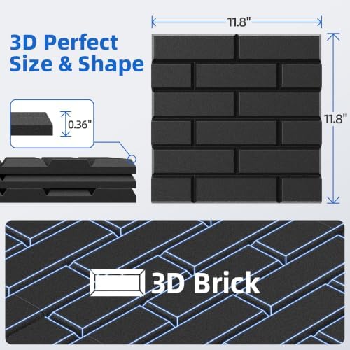 20 Pack Acoustic Panels with Self Adhesive, 11.8" X 11.8" X 0.36" High Density Sound Proof Foam Panels for Wall, Soundproof Wall Panel, Brick Sound Absorbing Panel for Home Studio Office Decor - Black
