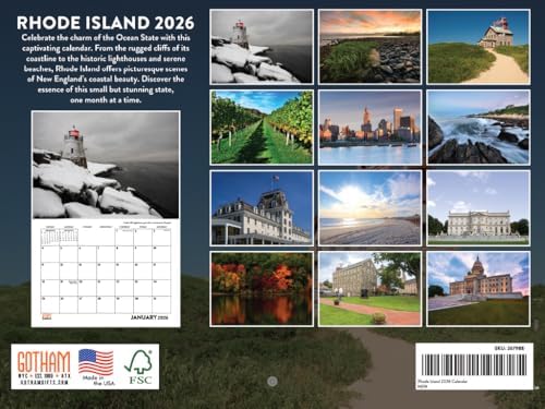 Rhode Island Calendar 2026 Wall 12 Month Monthly RI Scenic Souvenirs Themed Gifts | American Made In The USA
