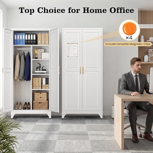 71" Metal Storage Cabinet with Hanging Rod, Tall White Wardrobe Closet with 3 Adjustable Shelves, Heavy Duty Steel Office Armoire, Modern Minimalist Design for Bedroom, Laundry Room