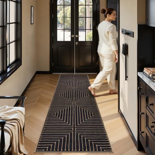 Lahome Black 2x8 Kitchen Runner, Modern Geometric Runner Rug Non Slip