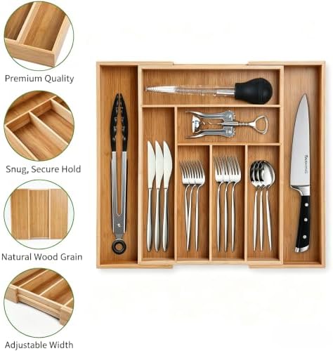 Extra Large Expandable Bamboo Silverware Drawer Organizer