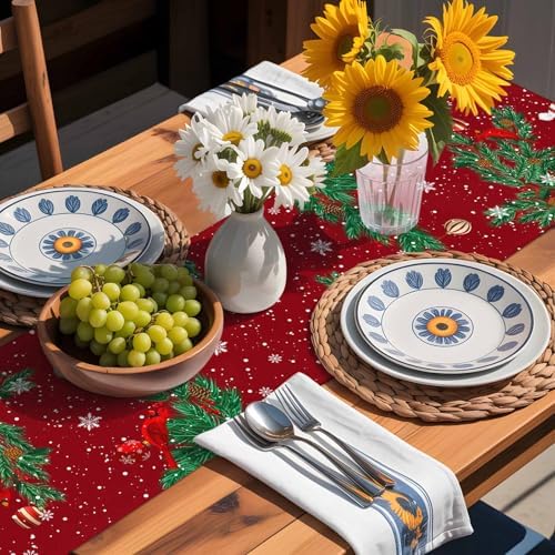 Christmas Cartoon Snowman Table Runner Dresser Scarf 13 x 36 Inch Holly Bird Pine Tree Snow Red Table Runners Non-Slip Heat Resistant Kitchen Dining Table Decor for Winter Holidays Indoor Outdoor