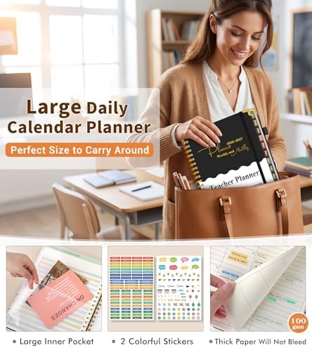 Teacher Planner 2026-2027, July 2026 - June 2027, Academic Weekly & Monthly Calendar Planner with Tabs, 8.5" x 11" A4 Teacher Lesson Plan Book with 7 Periods, Daily Agenda School Organizer for Teacher Student Homeschool, Black