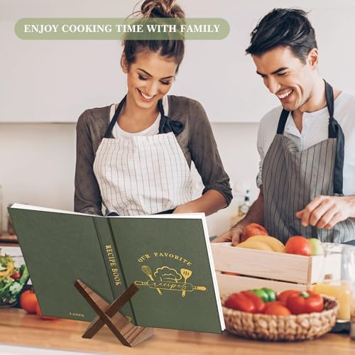 Lanpn B5 Blank Recipe Book Cookbook for 70 Recipes, Leather Cover Waterproof Empty Cooking Journal to Write in Your Own Recipes, Recipe Notebook with Stickers to Organize Your Family Recipes, Green