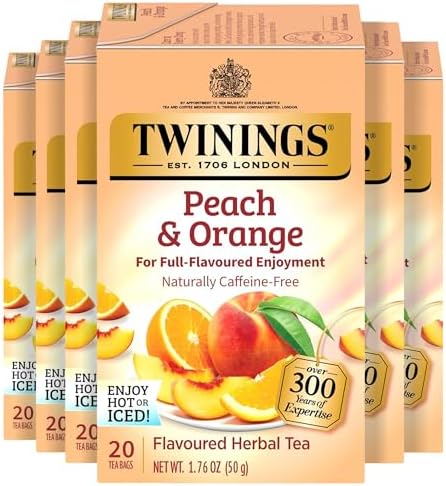 Twinings Peach & Orange Herbal Tea Individually Wrapped Bags, 20 Count (Pack of 6), Juicy & Fruity, Naturally Caffeine-Free, Enjoy Hot or Iced, 120 Teabags