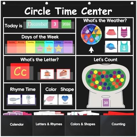 Circle Time Learning Center Classroom Pocket Chart, Circle Time Calendar Preschool Include 224 Cards, Educational Pocket Chart Material, Learning Calendar Weather Letter Counting Color Shape