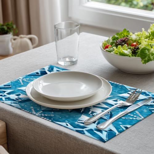 Batmerry Blue Winter Snowflakes Linen Placemats Set of 8, Seamless Blue Abstract Geometric Washable Table Mats for Kitchen Table Thickened Heat Insulation Dining Set Indoor Outdoor 12X18 in