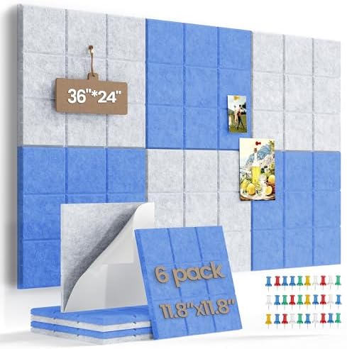 Large Felt Board Tiles for Wall with 30 Push Pins, 11.8"x11.8" Pack of 6 Pin Board Notice Boards for Home Office Kitchen, Bulletin Board Wall Tiles for Photos Memos (Blue+Grey, 6 Pack)