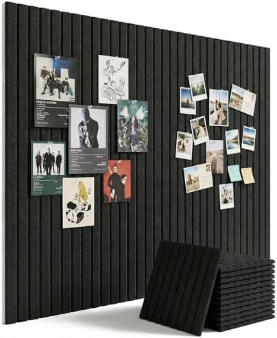 Aothia Felt Bulletin Board Tiles, 12-Pack 48"x36" Large Pin Board for Wall, Modern Cork Board Alternative for Notes, Photos, Memo & Office Organization, 70 Adhesive Tabs & 40 Push Pins, Black