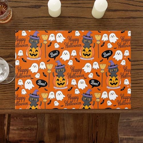 Vandarllin Happy Halloween Boo Placemats Set of 4, Cartoon Pumpkin Spooky Black Cats Ghosts Cotton Linen Stain Resistant Table Mats Washable Placemat Decoration for Kitchen Dining Table,Orange