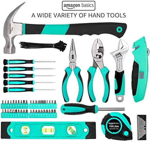Amazon Basics 104-Piece Home Repair Household Tool Set with Easy Carrying Round Pouch, Portable Hand Tool Kit, Turquoise, 14.4 x 11.4 x 3 inches