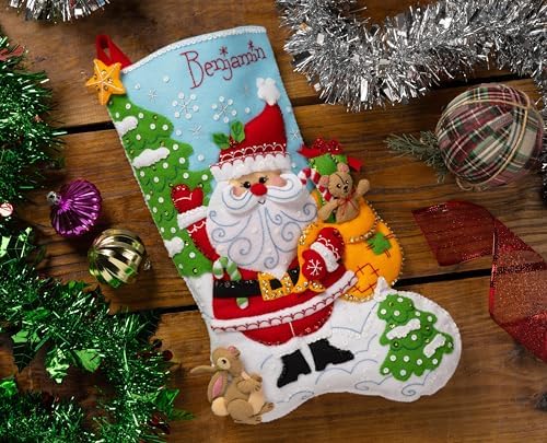 Bucilla Felt Applique 18" Stocking Making Kit, Retro Holiday Santa, Perfect for DIY Arts and Crafts, 89740E