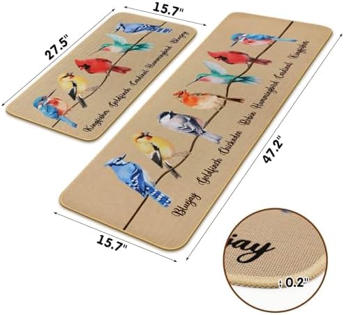 Percozzi Bird Kitchen mats Set of 2, Robin Cadinal Door mat Indoor Outdoor Rug, Hummingbirds Cardinal Kitchen Floor Mat Decor 17x29 and 17x47 Inch