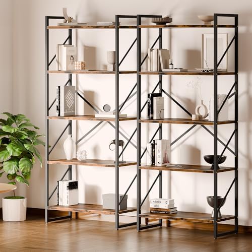 Shintenchi 5 Tiers Bookshelf, Classically Tall Bookcase Shelf, Industrial Book Rack, Modern Book Holder in Bedroom/Living Room/Home/Office, Storage Rack Shelves for Books/Movies-Rustic Brown