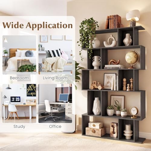 Giantex 5-Tier Bookshelf, 10-Cube Geometric Book Case with 5 Closed-Back Cubbies, Anti-toppling Kits, Open Display Storage Shelf for Living Room, Home Office, Bedroom, Gray