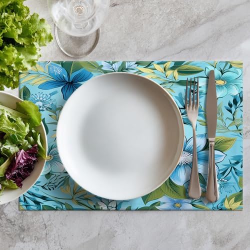 Batmerry Floral Light Blue Linen Placemats Set of 6, Blue Green Floral Washable Table Mats for Kitchen Table Thickened Heat Insulation Dining Set Indoor Outdoor 12X18 in