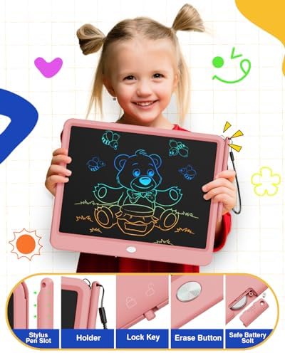 ORSEN LCD Writing Tablet 12 Inch, Colorful Doodle Board Drawing Tablet, Erasable Reusable Writing Pad, Educational for 3-8 Year Old Girls Boys(Pink)