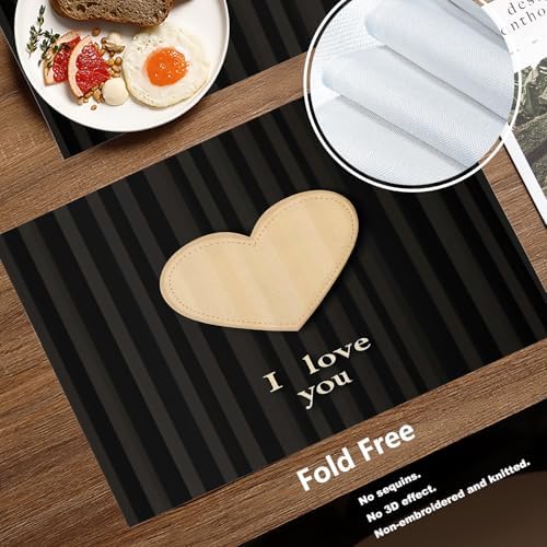 Batmerry Heart Text Linen Placemats Set of 4, Heart with I Love You Washable Table Mats for Kitchen Table Thickened Heat Insulation Dining Set Indoor Outdoor 12X18 in