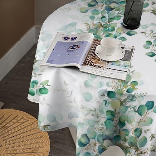 Spring Botanical Tablecloth, Watercolor Sage Green Eucalyptus Leaves Print Table Cloth Cover for Kitchen Dining Indoor Outdoor Decor, 36x36in
