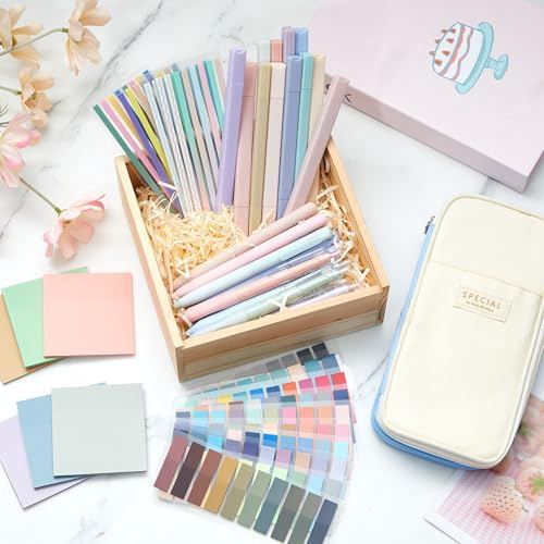 135 Pcs Book Annotation Kit with Pencil Case, 12 Pastel Highlighters, 11 Gel Pens, Fine Marker, 300 Transparent Sticky Notes, 2640 Index Tabs, Bible Study Supplies Kit(Classic,Light Blue)