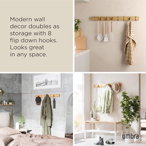 Umbra Flip Coat Rack, Wall Mount 8-Hook, Space Saving, Natural/Nickel