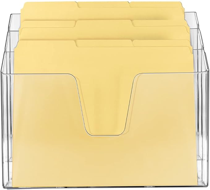 Acrimet Horizontal Triple File Folder Organizer Sorter, Letter Size, Clear | Includes 9 Manila Folders, Open Top, 3 Staggered Compartments, Wall-Mount or Desktop, Plastic, Organizes Papers
