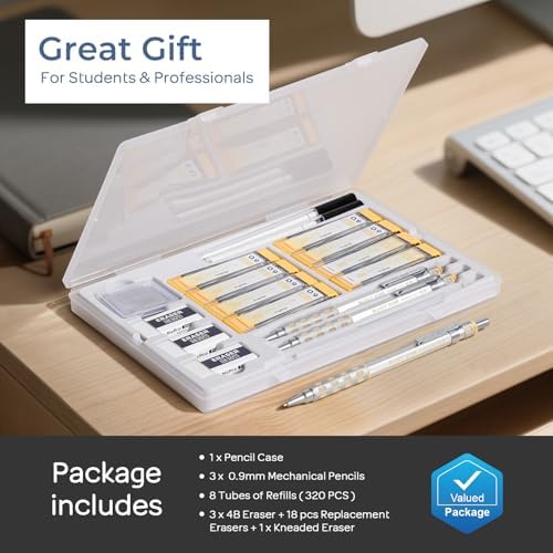 Nicpro Blocky Gear 0.9 mm Mechanical Pencils Set in Case, 3 Pack