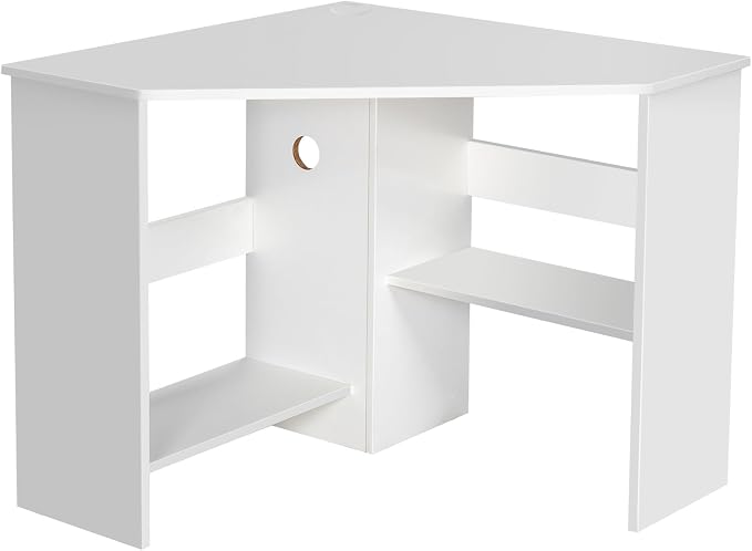 Tangkula White Corner Desk - 90 Degrees Triangle for Computer, Small Space, Bedroom, Makeup Vanity Desk with Storage Shelves & CPU Stand, Space Saving Writing Desk
