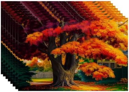 Batmerry Autumn Maple Trees Linen Placemats Set of 8, Fiery Red Leaves Houses Gardens Washable Table Mats for Kitchen Table Thickened Heat Insulation Dining Set Indoor Outdoor 12X18 in