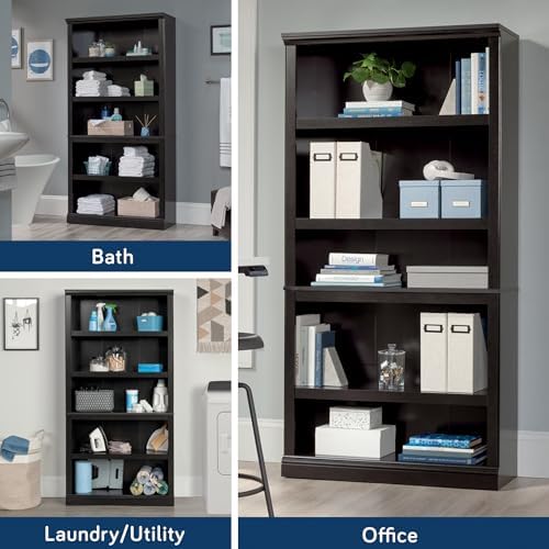 Sauder 5 Tier Book Shelf Wooden Bookcase Multipurpose Bookshelf for Home Office, Living Room, in Estate Black finish