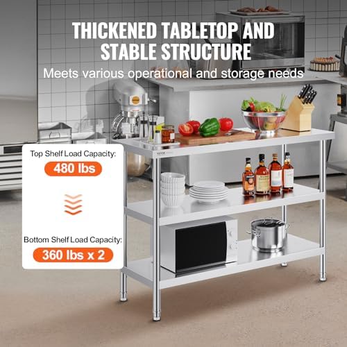 VEVOR Stainless Steel Food Prep Table, 18 x 48 x 34 Inch Commercial Kitchen Worktable, with 2 Adjustable Undershelf, Heavy Duty Prep Tables Metal Work Table for BBQ, Kitchen, Home, and Garage