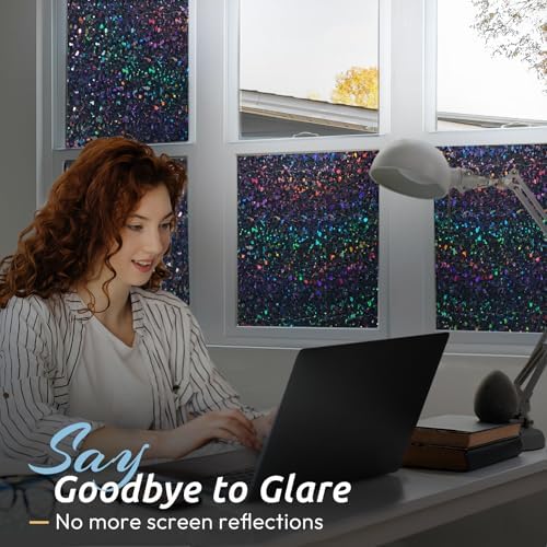rabbitgoo Blackout Rainbow Window Privacy Film Decorative Stained Glass Diamond Pattern Window Sticker with Iridescent Tint Non-Adhesive Static Cling for Home Office Bathroom, 17.5 x78.7 inch, Black