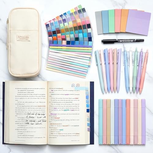 135 Pcs Book Annotation Kit with Pencil Case, 12 Pastel Highlighters, 11 Gel Pens, Fine Marker, 300 Transparent Sticky Notes, 2640 Index Tabs, Bible Study Supplies Kit(Classic,Beige)