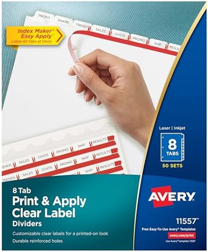 Avery® Index Maker® Clear Label Dividers, 8-Tab, White, 100 Sets