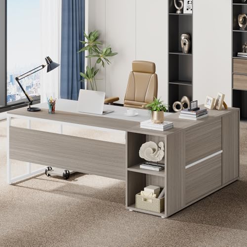 Tribesigns 71 inch Executive Desk, L Shaped Desk with Cabinet Storage, Executive Office Desk with Shelves, Business Furniture Set Workstation for Home Office, Gray and White