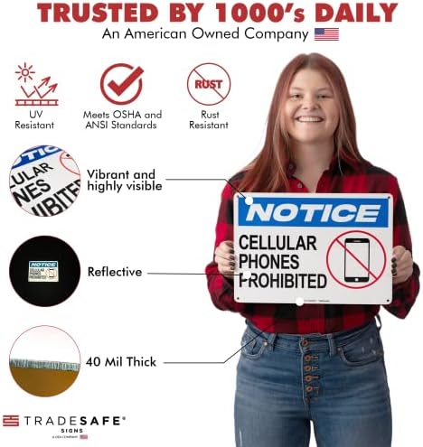 TRADESAFE Cellular Phones Prohibited - No Cell Phone Use Sign, Quick Install Aluminum Safety Sign, Light Reflective, UV-Resistant, Waterproof Signs for Business, 14” X 10” No Cell Phone Sign