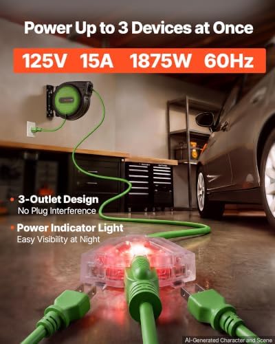 VEVOR Retractable Extension Cord Reel 65FT Heavy Duty 12AWG/3C SJTOW Green