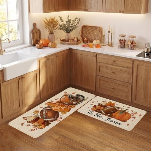 Baccessor Fall Pumpkin Kitchen Rugs Set of 2,Tis The Season Autumn Football Thanksgiving Farmhouse Mats Washable Non Slip Low-Profile Indoor Floor Holiday Hallway Sink Decor 17x29 and 17x47 Inch