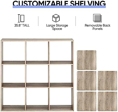 JupiterForce 9 Cubes Bookcases Storage Organizer, 3-Tier Wooden Open Bookshelf Cabinets with Removable Back Panels for Home, Office, Living Room(Natural)