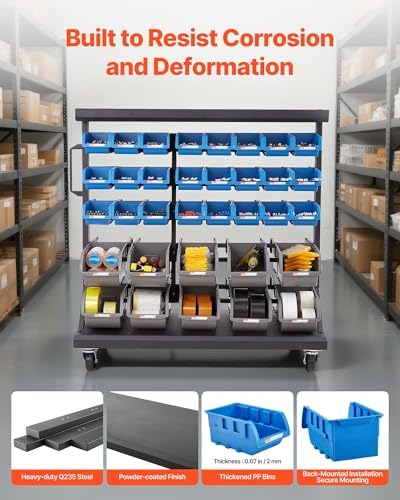 VEVOR 5-Tier Double-Sided Rolling Bin Storage Rack, 68 Plastic Bins, Dual-Sided Parts Organizer with Wheels, Mobile Tool Organizer for Garage, Warehouse, Office, Restaurant, Classroom, Kitchen