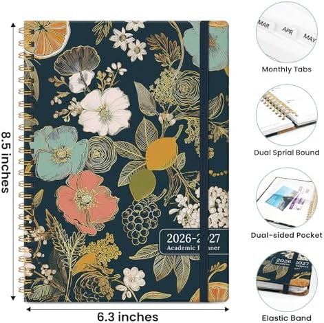 Planner 2026-2027, Monthly and Weekly Academic Planner July 2026 - June 2027, Hardcover Student Teacher Planning Agenda Calendar Book with Tabs, Perfect for Office School Supplies, A5 (6.3" x 8.5) - Citrus Bloom