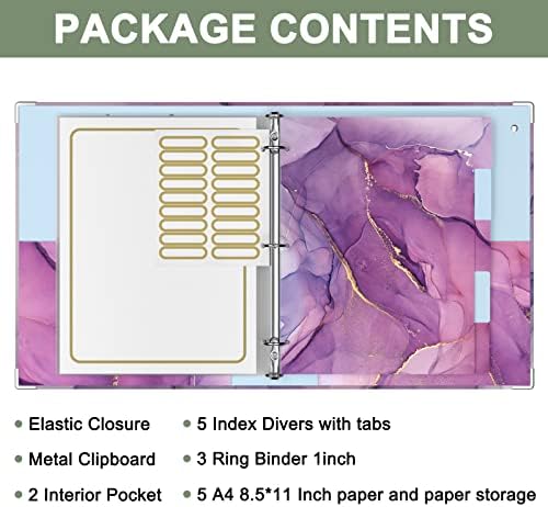 Rouidr 3 Ring Binder with clipboard, 1 inch 8.5 x 11 in Letter Size View Binders Organizer with Dividers Tabs & Clear Sleeves, School Supplies, Office Supplies, Purple Marble