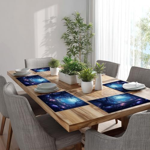 Batmerry Night Forest Glowing Elements Linen Placemats Set of 6, Mysterious Night Forest Scene Washable Table Mats for Kitchen Table Thickened Heat Insulation Dining Set Indoor Outdoor 12X18 in