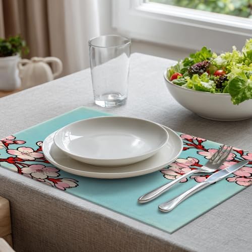 Batmerry Shabby Chic Cherry Blossom Linen Placemats Set of 8, Red Black Cherry Branch Washable Table Mats for Kitchen Table Thickened Heat Insulation Dining Set Indoor Outdoor 12X18 in